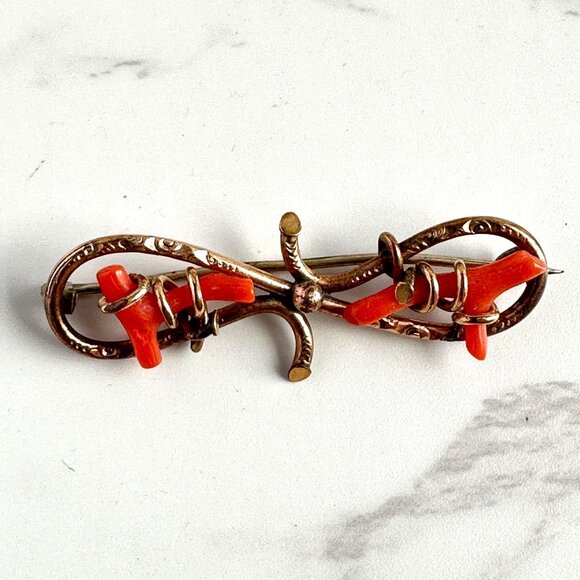 Antique Victorian Brooch, Red Coral Branches, Gold Filled Ornate Pin, 1800s - Picture 5 of 9